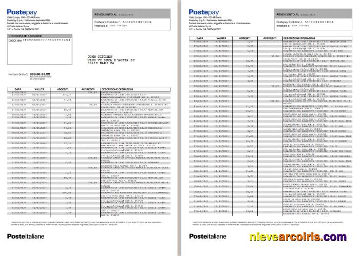 Italy Postepay Evolution (Poste Italiane) card statement, 7 pages scr